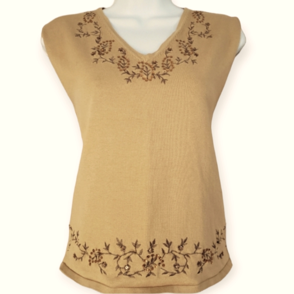 NWOT Nygard tan silk sequined embroidered sweater top Womens Medium